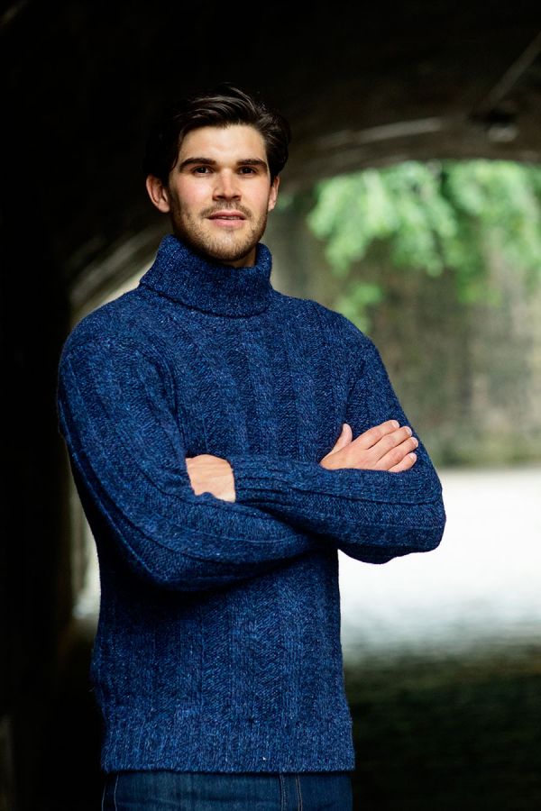 mens chunky blue wool polo neck jumper sweater scottish