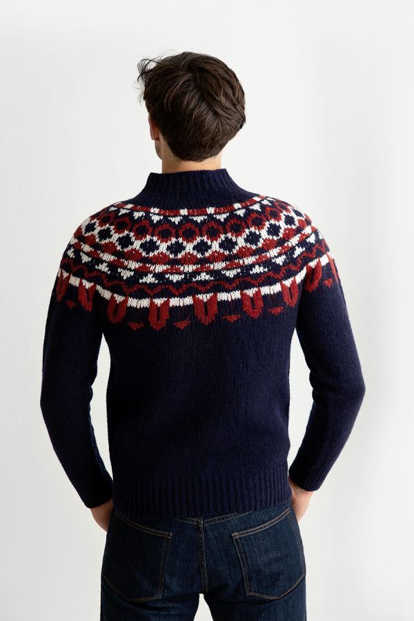 mens brodgar yoke fair isle jumper sweater navy blue red wool