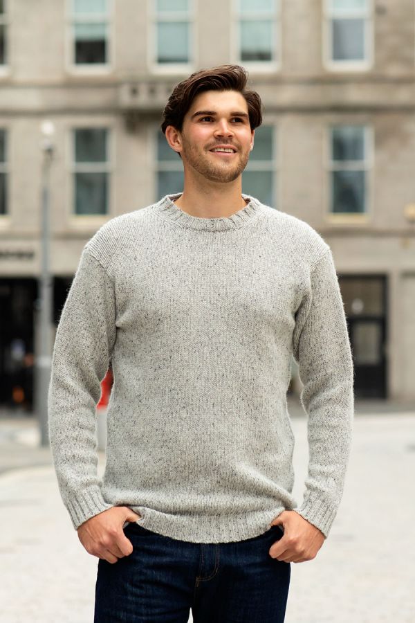 mens chunky scottish wool jumper sweater crew neck limestone grey