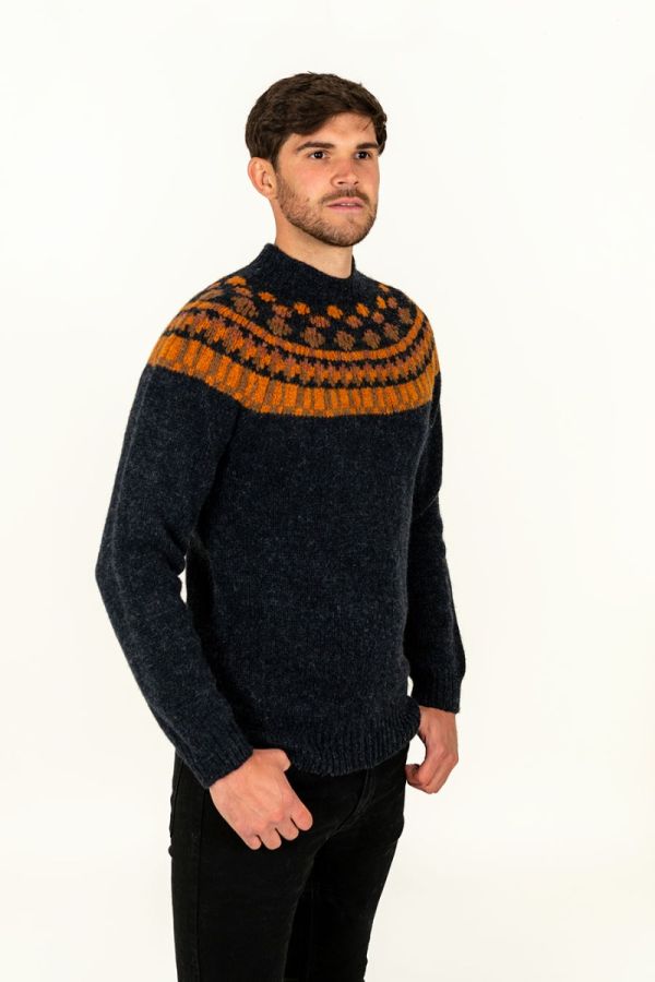 mens warm fair isle jumper sweater chunky charcoal orange staffa yoke