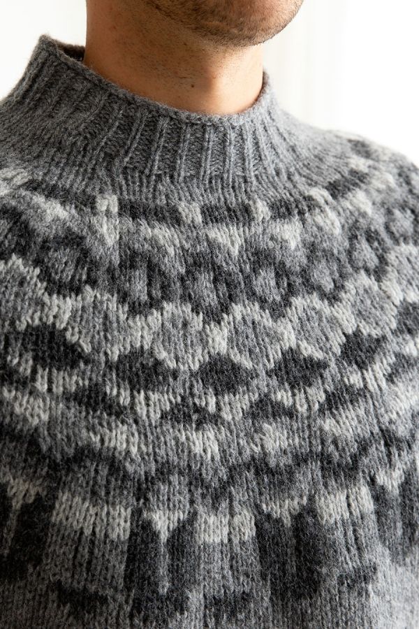 Mens grey chunky wool fair isle yoke jumper sweater brodgar