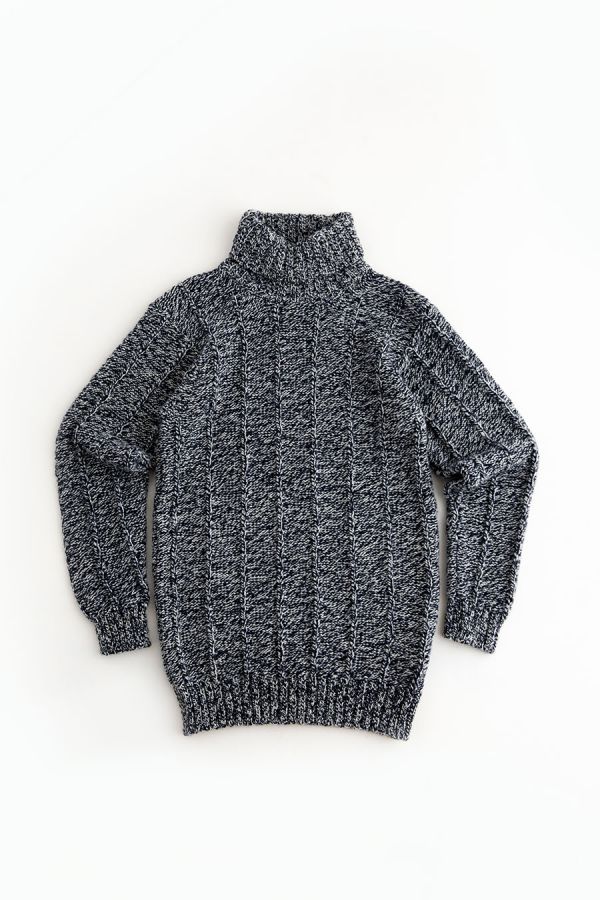 mens chunky wool polo neck jumper sweater blue marl needle rib