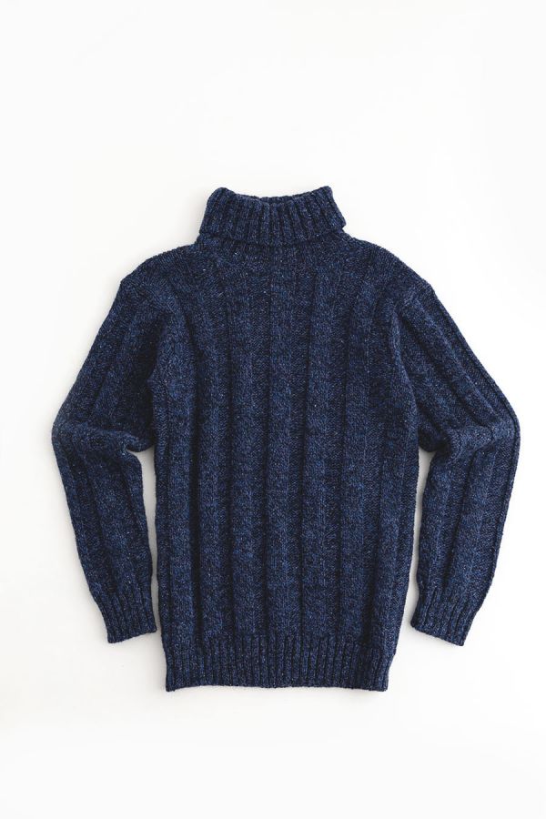 mens chunky wool ribbed polo neck jumper sweater navy blue