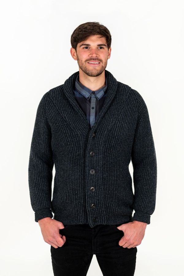 mens chunky wool shawl collar cardigan charcoal grey