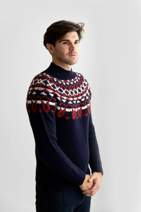 mens navy blue fair isle jumper sweater chunky wool yoke brodgar