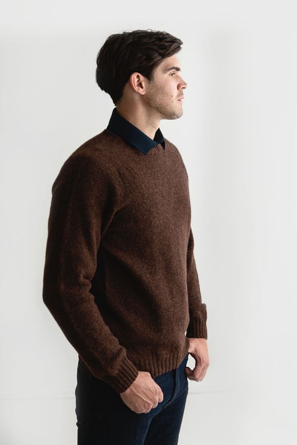 mens coffee brown shetland wool sweater jumper saddle shoulder