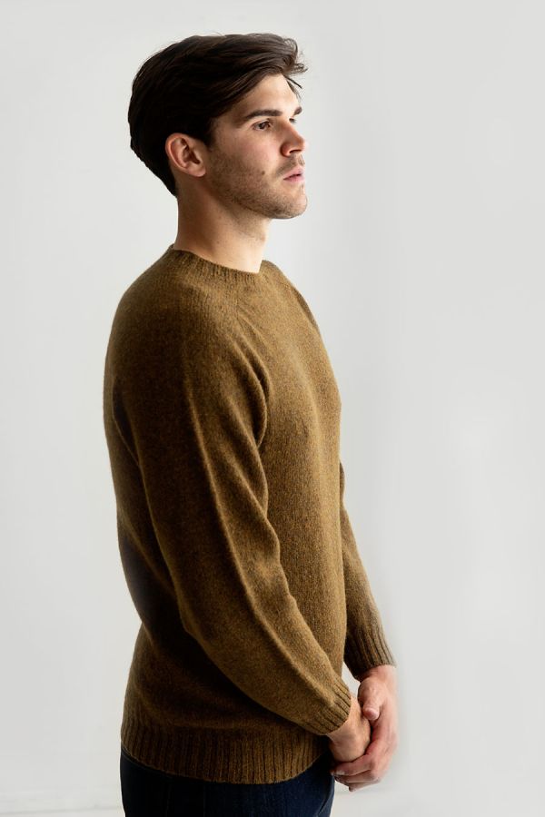 Mens Dark Olive Shetland Jumper Sweater Saddle Shoulder 