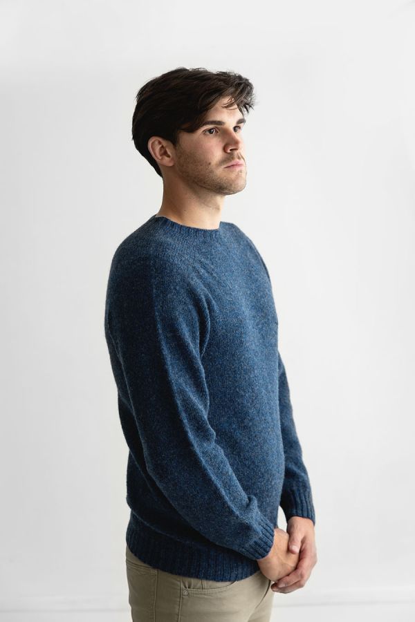 mens denim blue shetland wool sweater jumper saddle shoulder