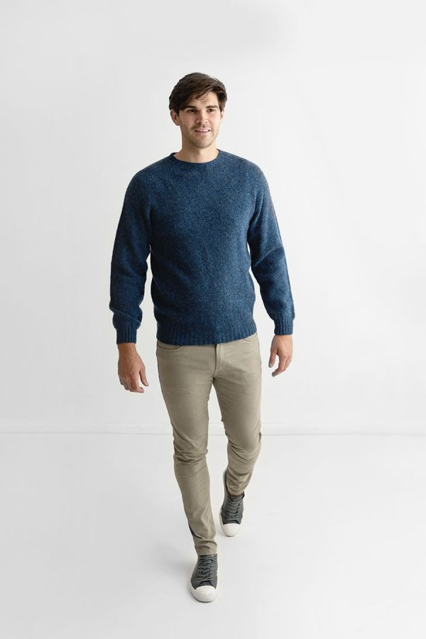 mens denim blue wool shetland jumper sweater seamless saddle shoulder