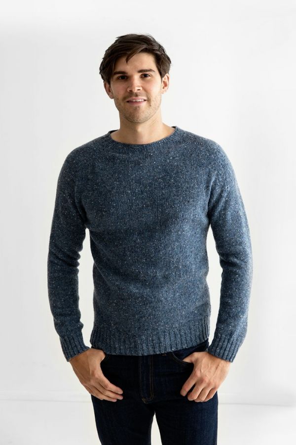 mens donegal blue wool jumper sweater saddle shoulder merino