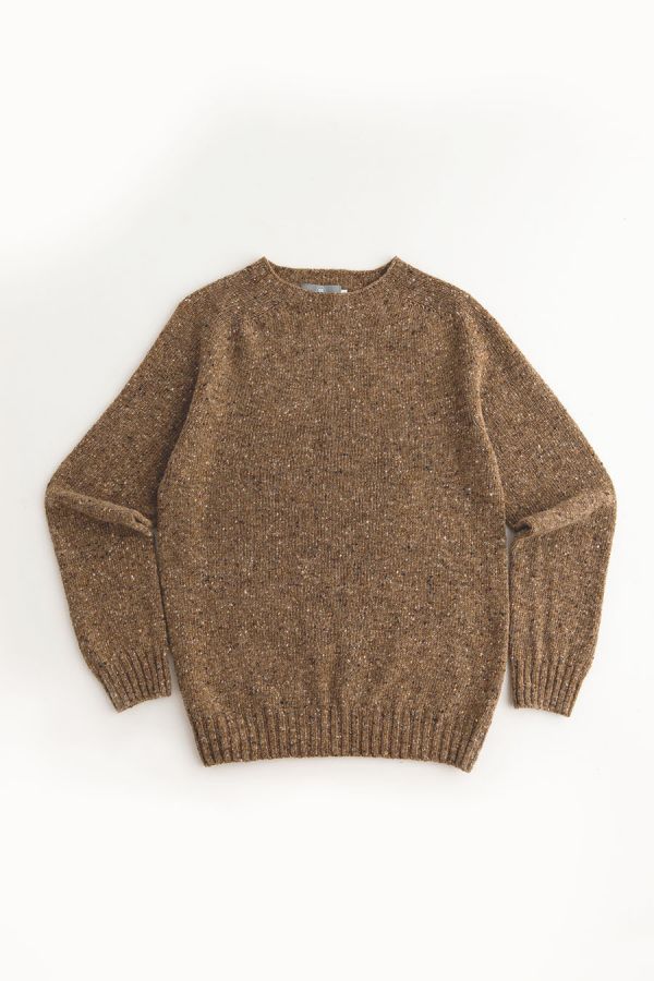 mens donegal brown merino wool jumper sweater sand saddle shoulder