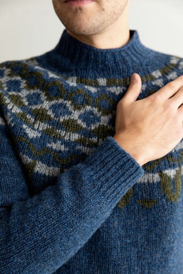 mens denim blue shetland wool fair isle chunky jumper sweater