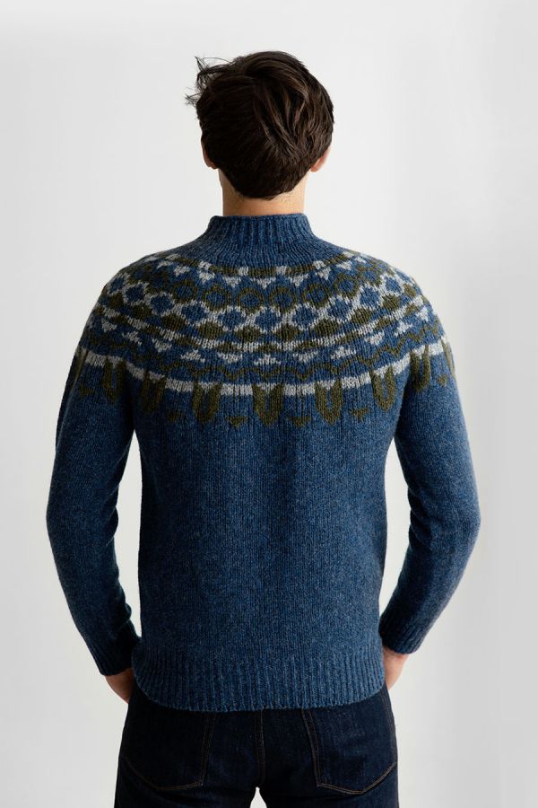 mens fair isle wool yoke jumper sweater brodgar blue
