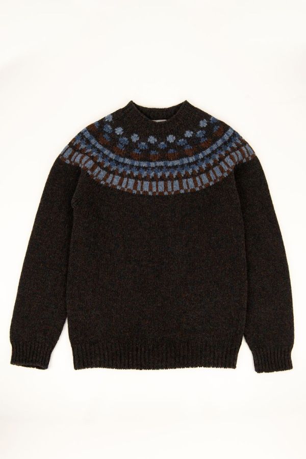 mens fair isle yoke jumper sweater brown blue wool staffa