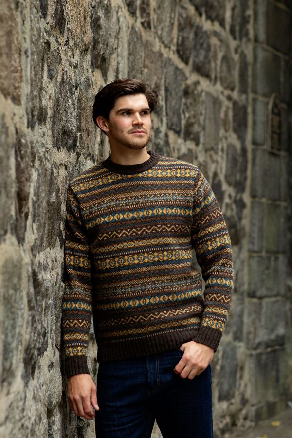 mens fair isle jumper sweater brown yellow wool