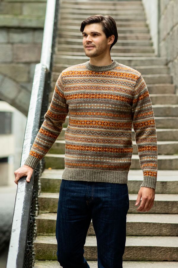 mens fair isle jumper sweater orange beige wool