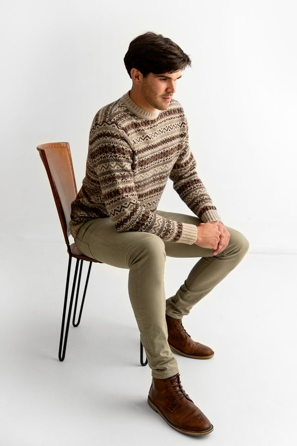 Mens fair isle wool jumper sweater beige brown kinnaird