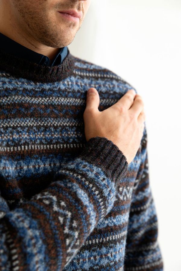 mens wool fair isle jumper sweater blue brown kinnaird 