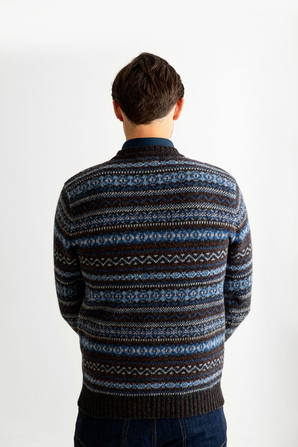 mens fair isle wool jumper sweater blue brown kinnaird back