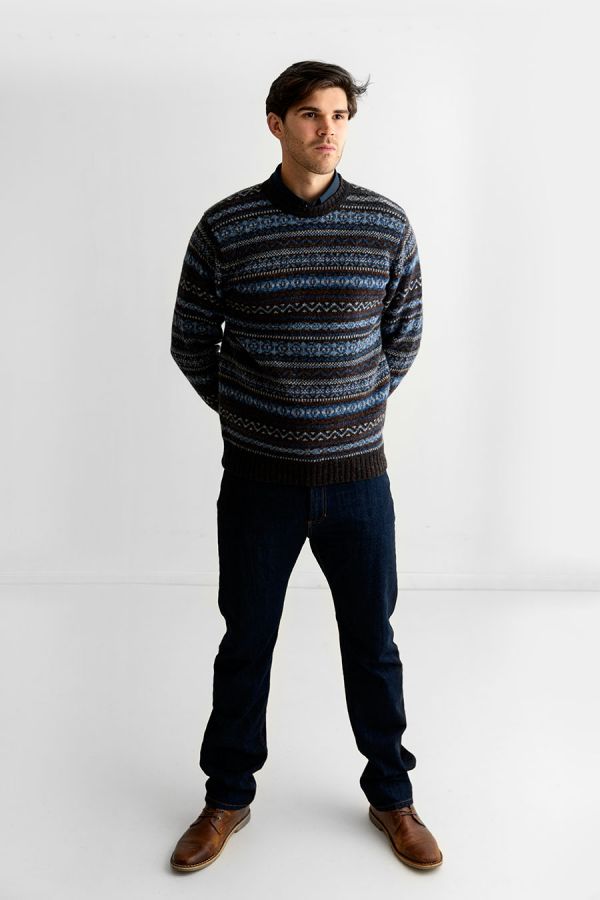 mens fair isle pullover jumper sweater blue brown kinnaird 