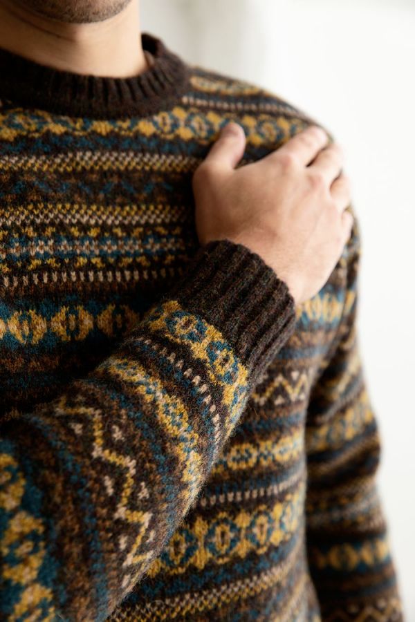 mens fair isle jumper sweater shetland wool brown yellow teal kinnaird