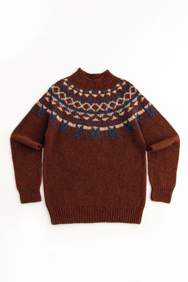 mens fair isle yoke jumper sweater rust wool