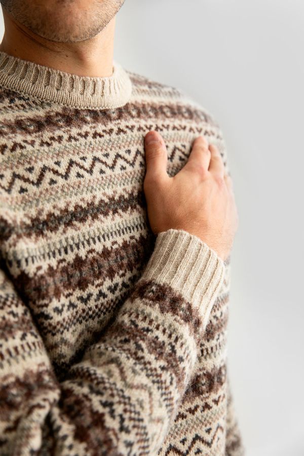 Mens fair isle shetland wool jumper sweater beige brown kinnaird