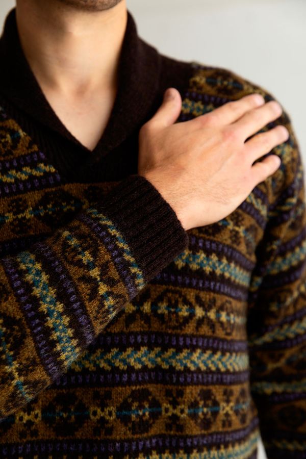 Mens fair isle jumper sweater brown truffle shetland wool Lerwick