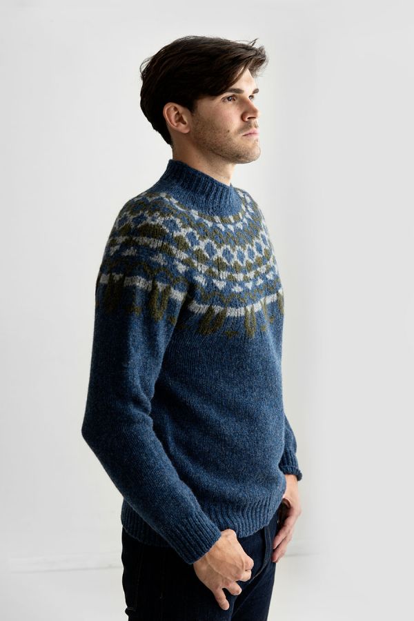 mens chunky wool blue fairisle jumper sweater yoke brodgar