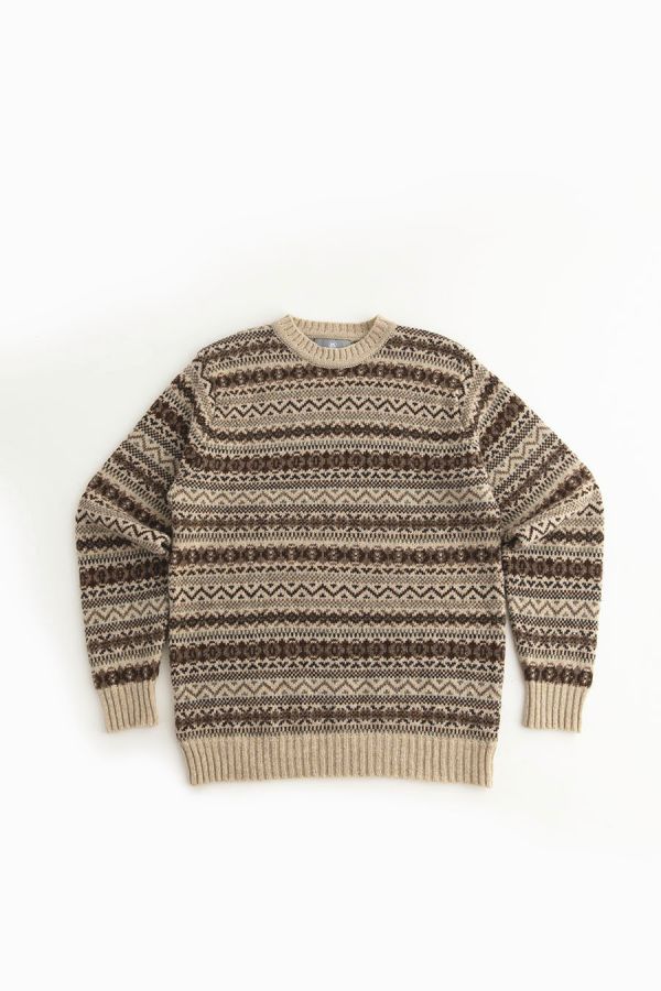 Mens fair isle wool jumper sweater beige brown oatmilk kinnaird