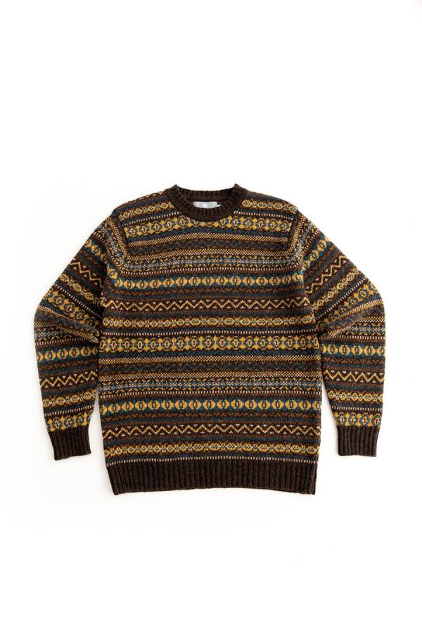 Mens fair isle wool jumper sweater olive brown mustard yellow kinnaird