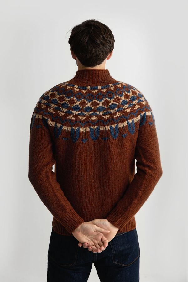 mens brodgar yoke fair isle jumper sweater rust