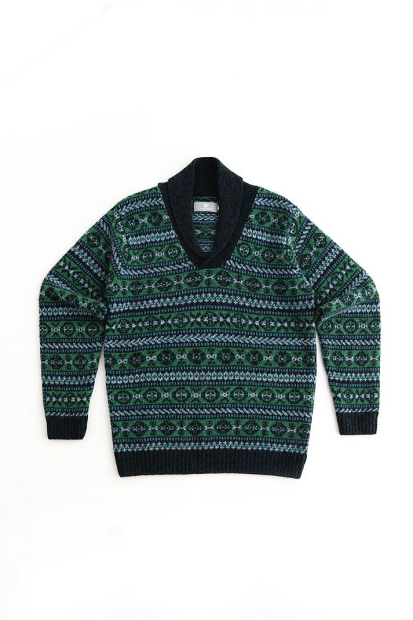 Mens fair isle wool jumper sweater shawl collar green blue lerwick