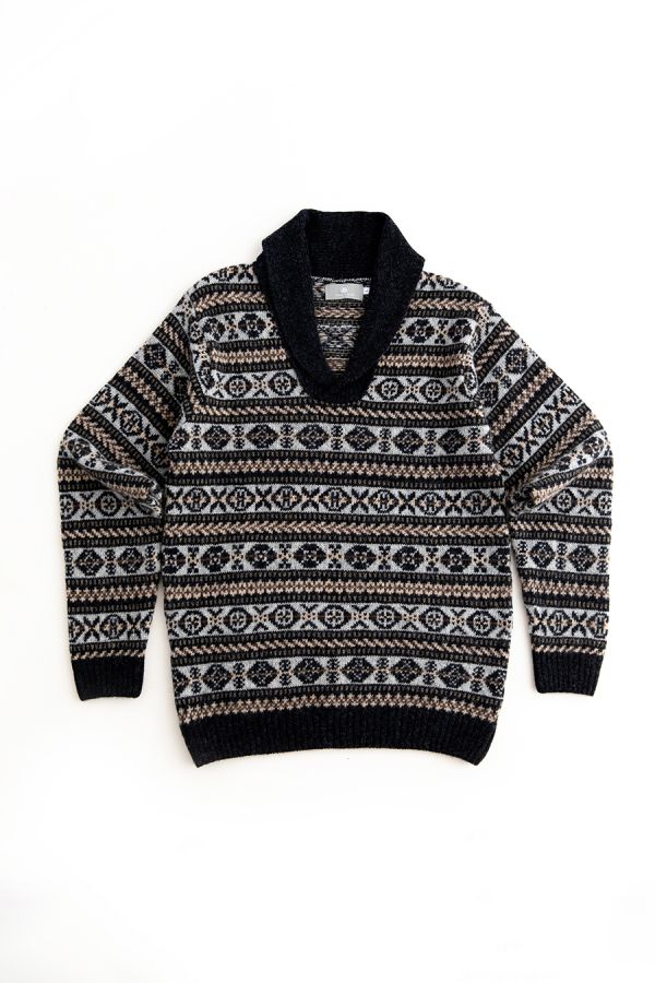 Mens fair isle wool jumper sweater shawl collar charcoal grey brown lerwick