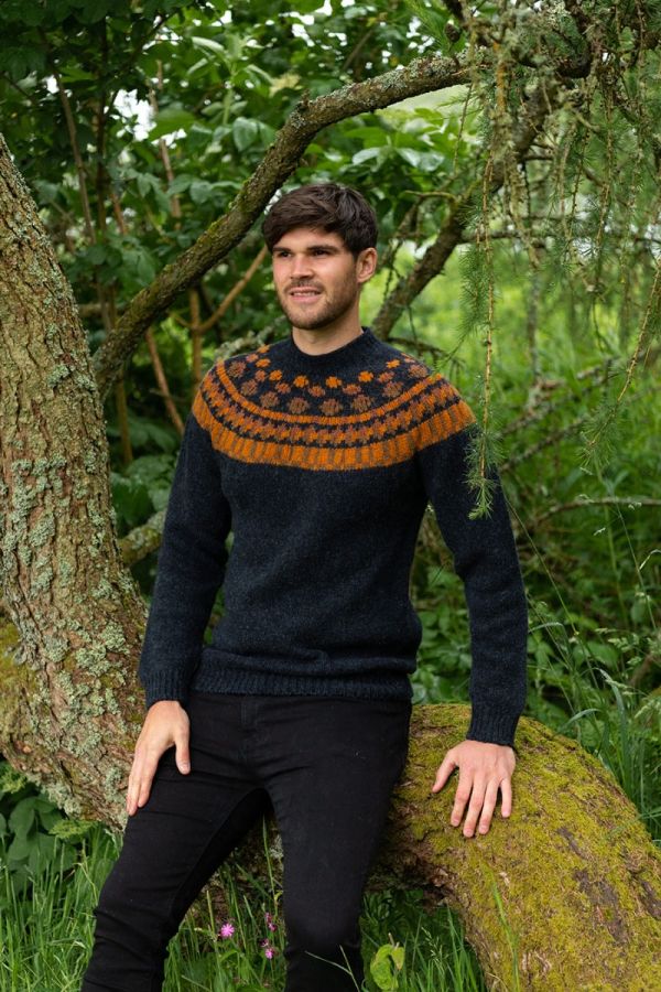 mens fair isle yoke jumper sweater charcoal grey orange chunky wool