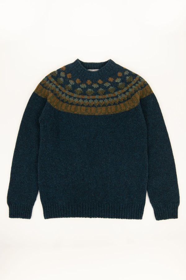 mens fair isle yoke jumper sweater teal wool staffa