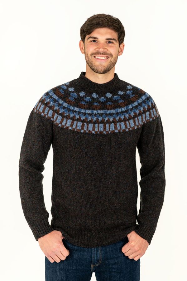 mens brown wool fair isle jumper sweater blue staffa yoke