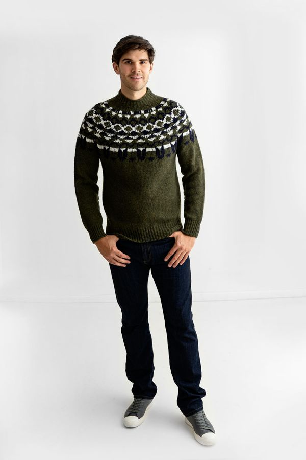 mens fair isle icelandic jumper sweater green wool brodgar