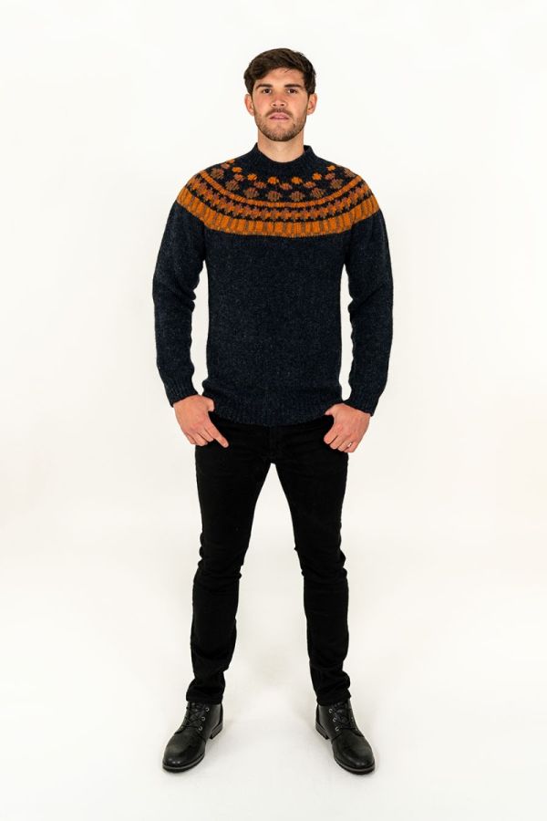 wool fair isle jumper sweater for men charcoal grey staffa orange