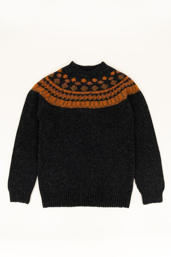 mens fair isle yoke jumper sweater charcoal orange wool staffa