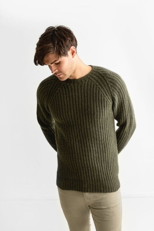 mens green fisherman rib jumper sweater geelong lambs wool