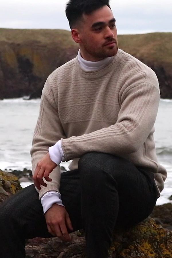 Mens Gansey Sweater. Putty breakwater pattern