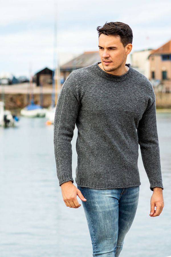 Mens Gansey wool Jumper sweater grey gray breakwater
