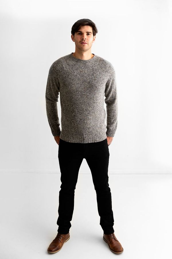 Mens grey donegal merino wool jumper sweater seamless saddle shoulder
