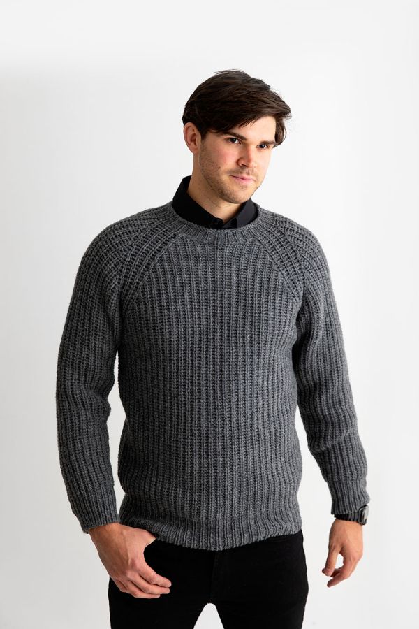 Mens Grey Fisherman rib jumper sweater lambs wool geelong gray