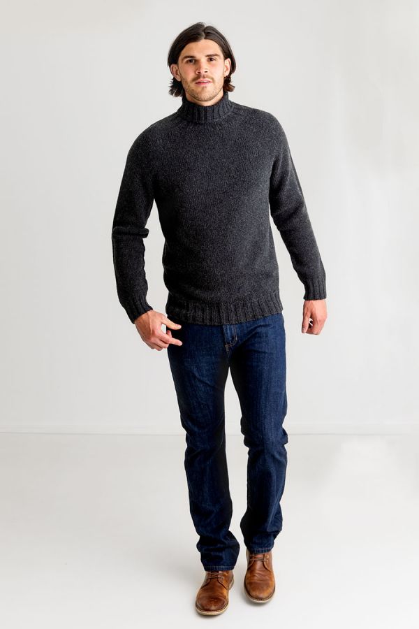 Mens grey polo neck jumper chunky lambs wool charcoal