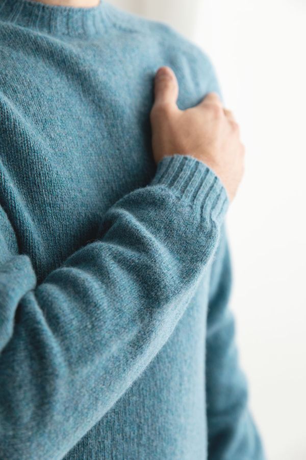 mens light teal blue wool shetland saddle shoulder seamless jumper sweater