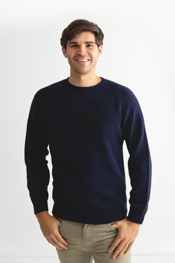 Mens navy blue shetland wool jumper sweater saddle shoulder 