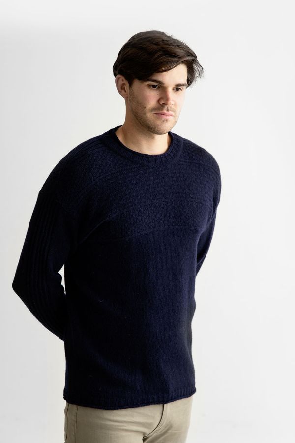 Mens navy shetland wool gansey jumper guernsey sweater blue 