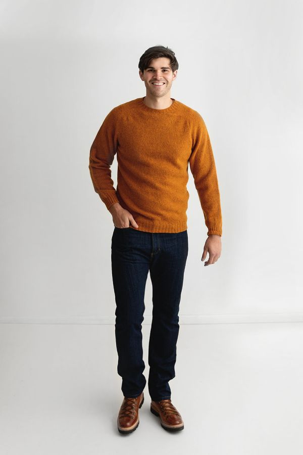 mens orange shetland wool sweater saddle shoulder jumper